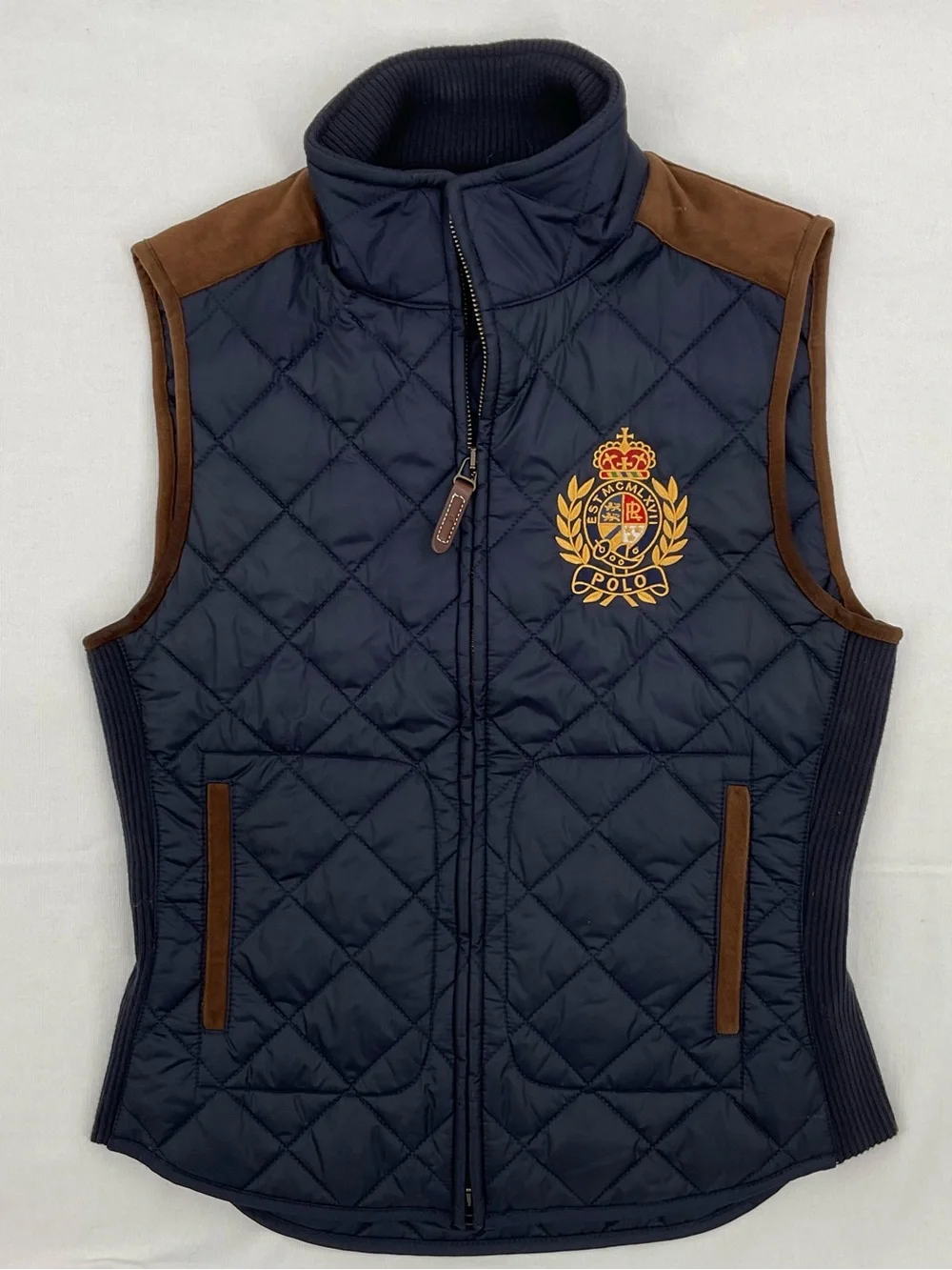 Polo Ralph Lauren Crest Quilted Vest Navy Suede Trim Equestrian Womens Small - Picture 10 of 16